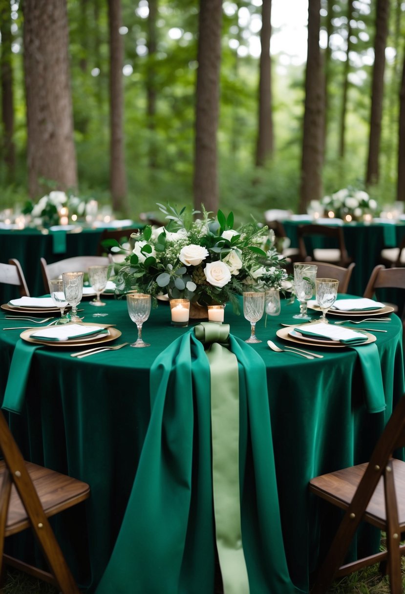 A lush forest setting with hunter green accents: ribbons, floral arrangements, and table linens