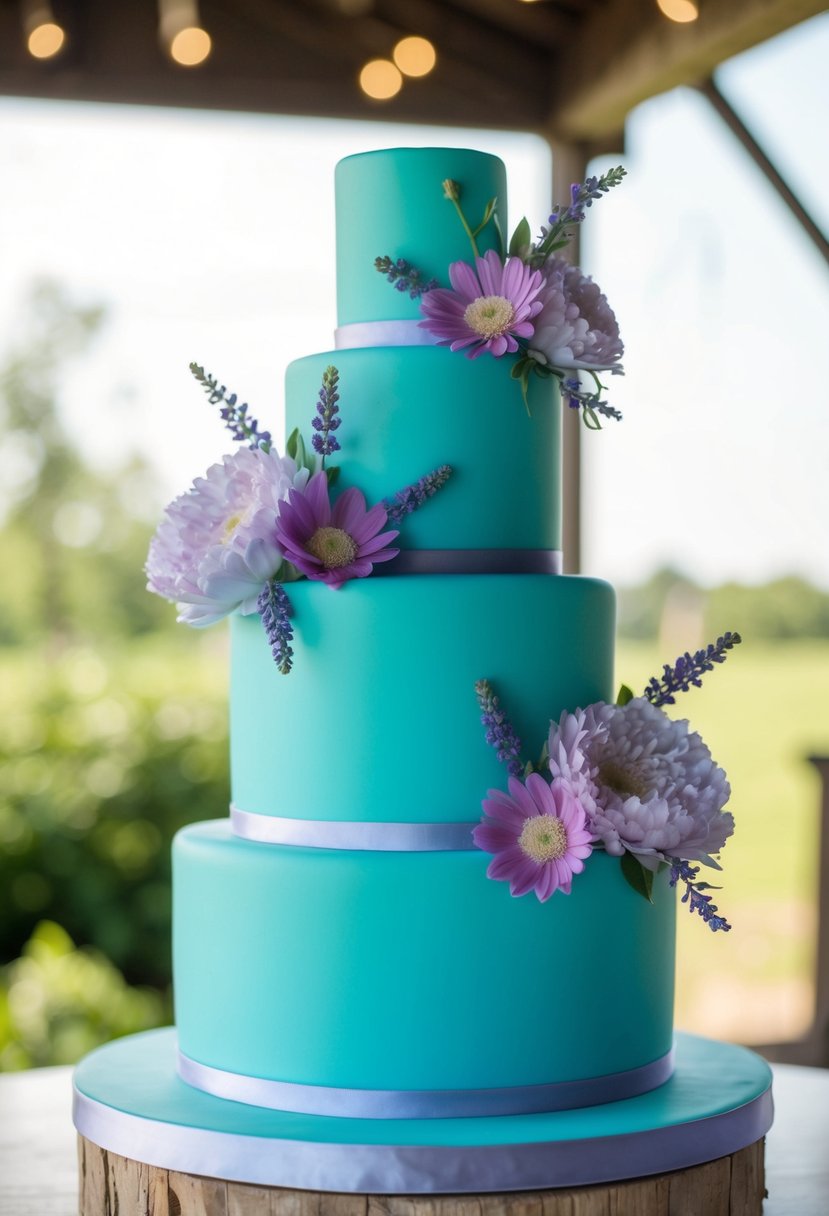 A turquoise wedding cake adorned with lavender flowers