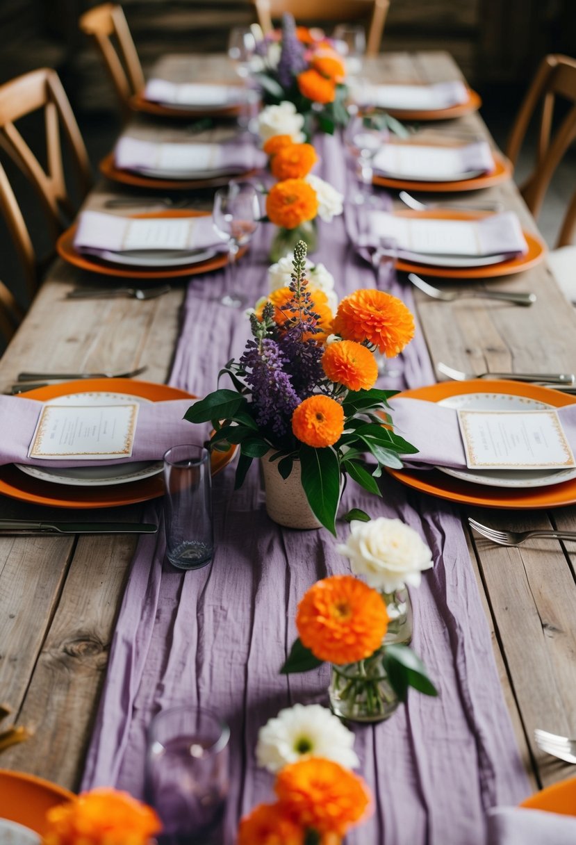 A rustic wooden table adorned with lavender table runners and orange floral accents