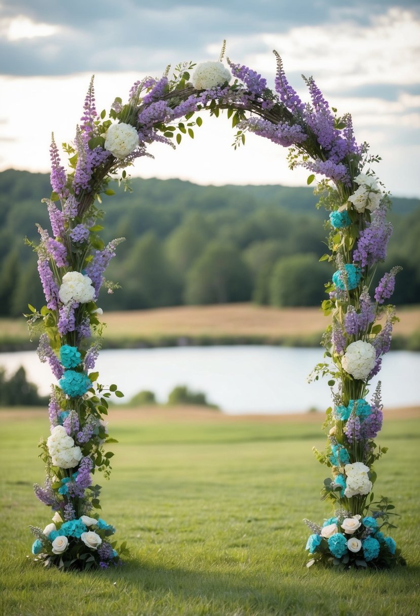 A wedding arch adorned with lavender and turquoise flowers against a scenic backdrop