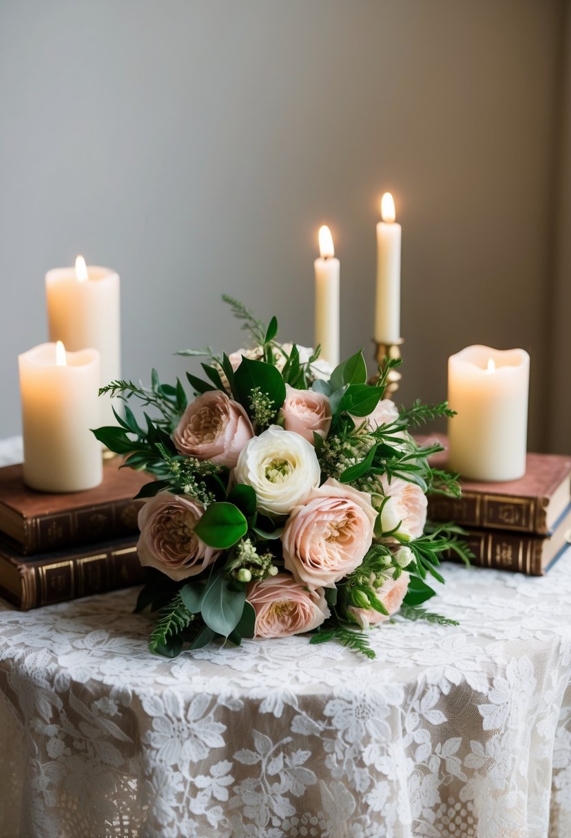 A hunter green and blush wedding bouquet rests on a lace tablecloth, surrounded by vintage books and candles