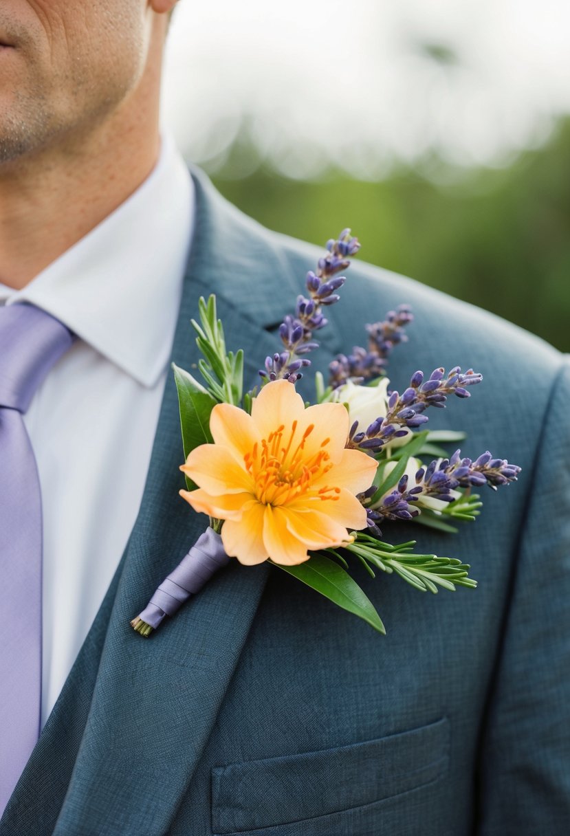 A groom's lapel adorned with an orange blossom boutonnière, complemented by sprigs of lavender