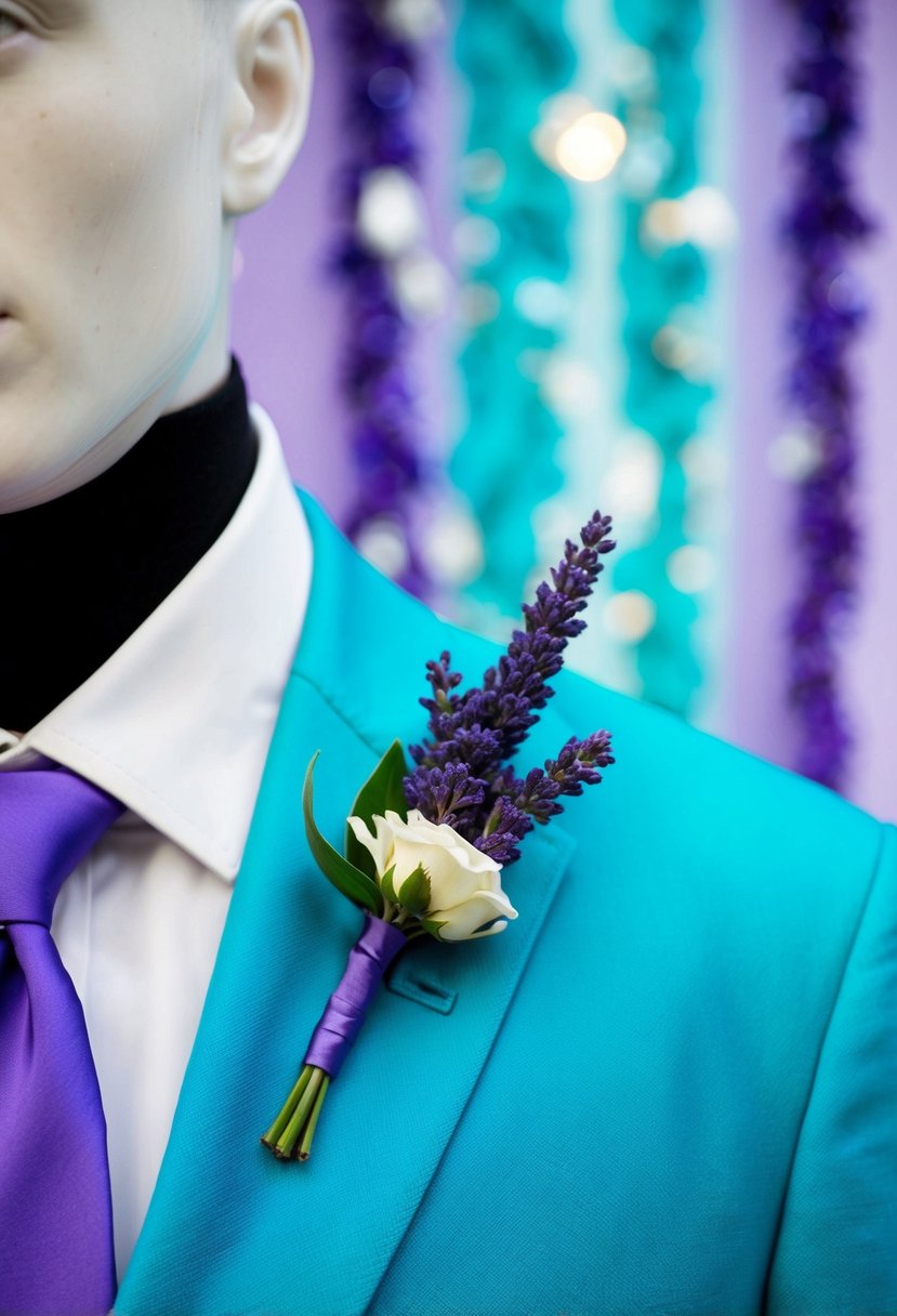 A lavender boutonniere pinned to a turquoise suit lapel, against a backdrop of lavender and turquoise wedding decor