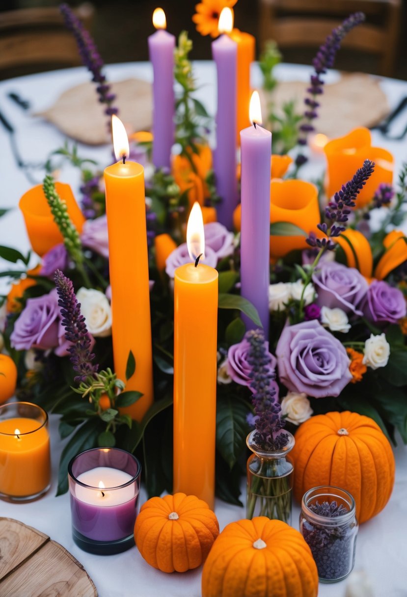 A table adorned with orange and lavender scented candles, surrounded by floral arrangements in matching hues