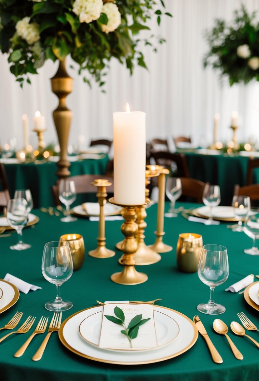 A hunter green tablecloth adorned with gold candle holders, cutlery, and centerpieces