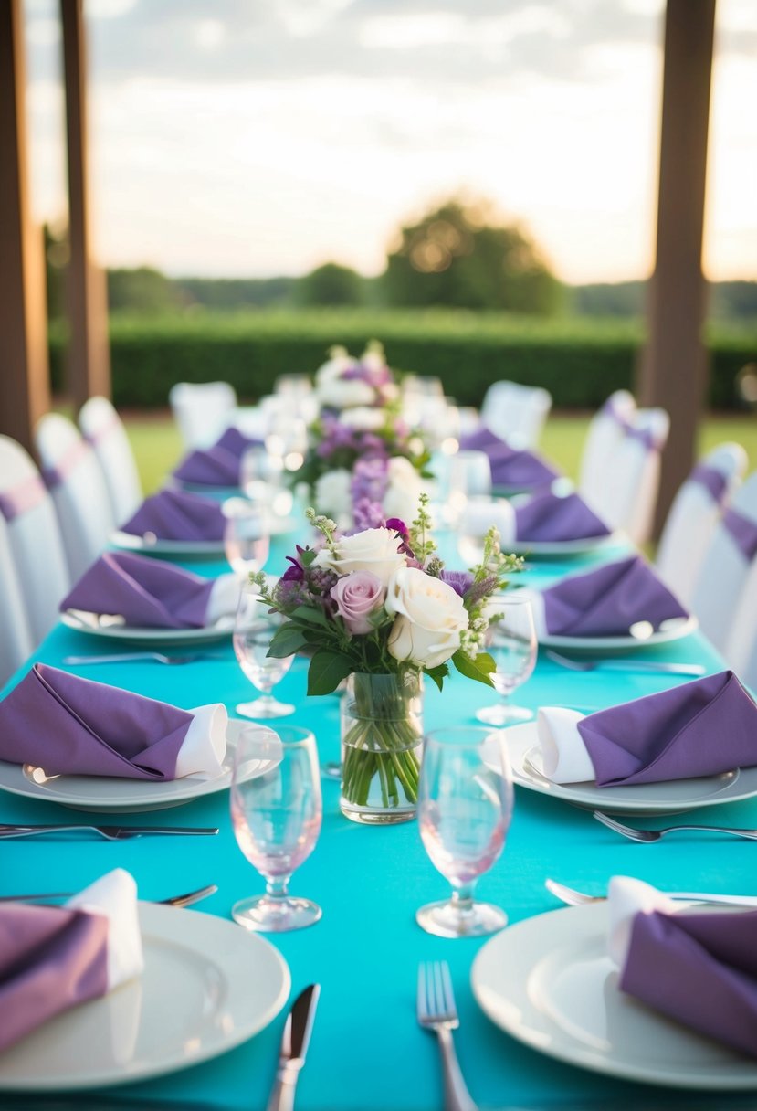 A turquoise table set with lavender napkins arranged in a elegant wedding theme