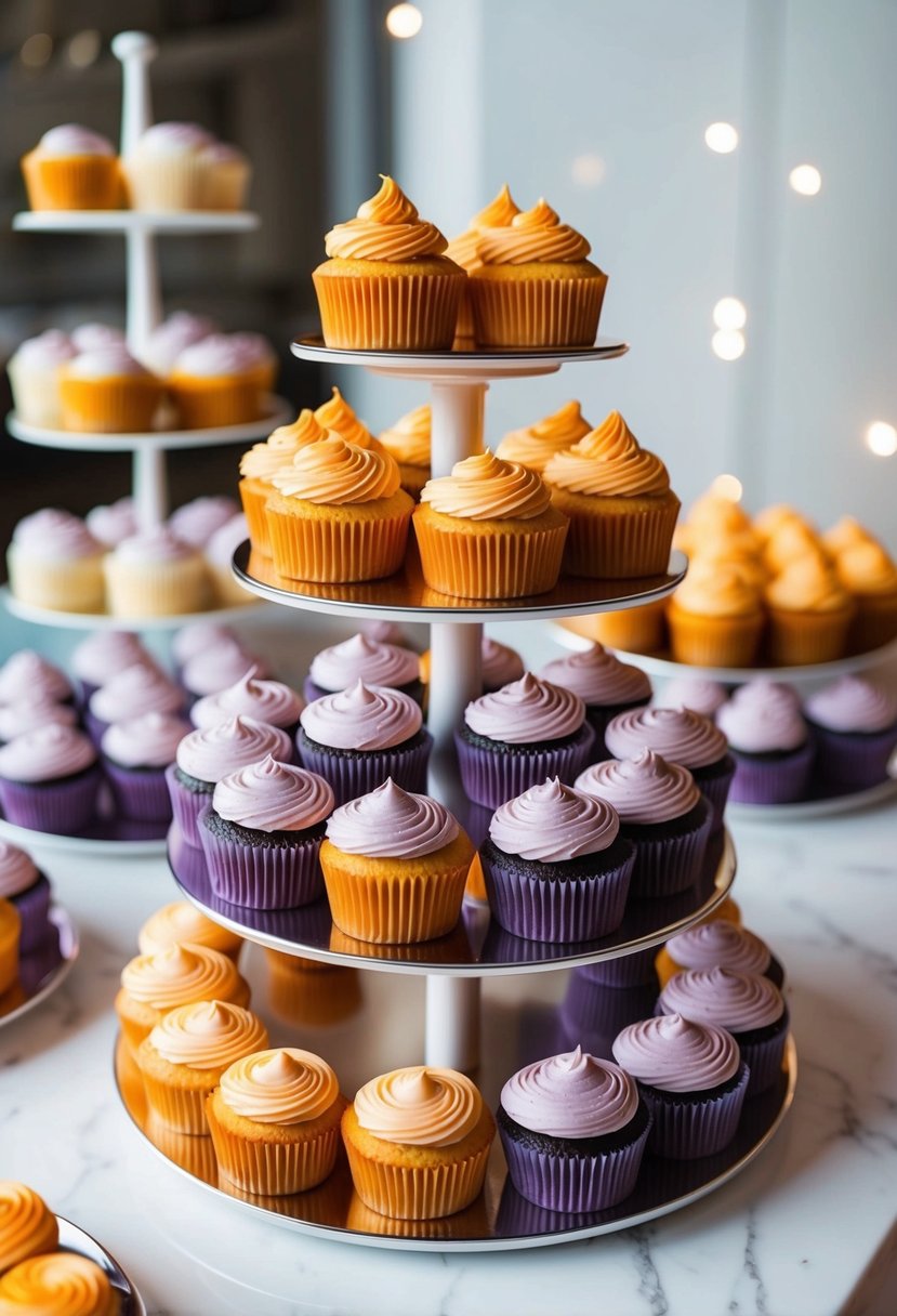 A display of orange and lavender cupcakes arranged in a gradient pattern on a tiered stand