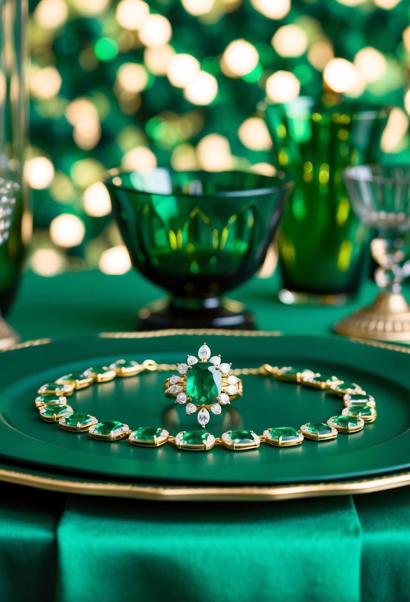 A table adorned with emerald jewelry, set against a backdrop of hunter green accents and decor