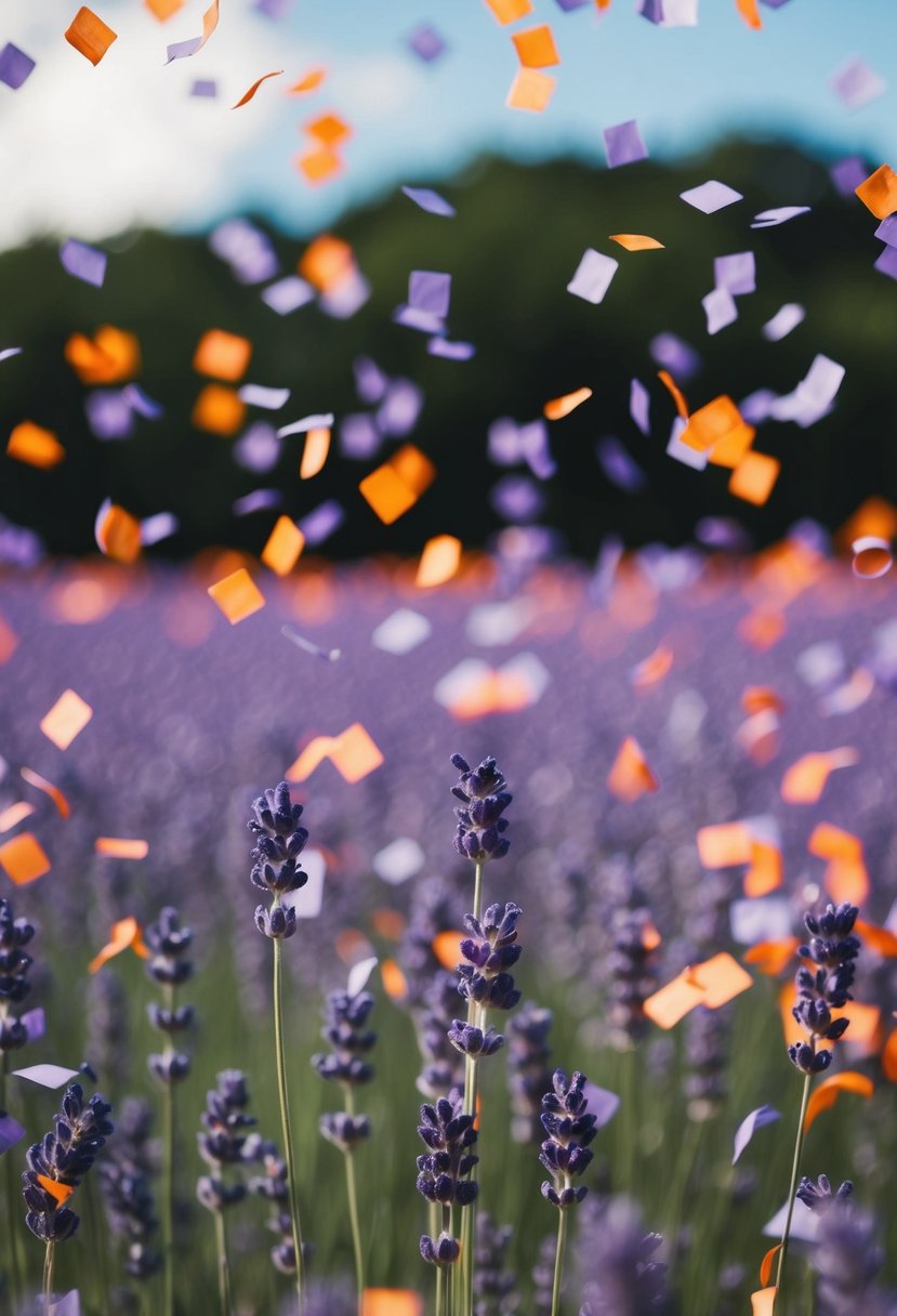 A field of lavender and orange confetti falling from the sky