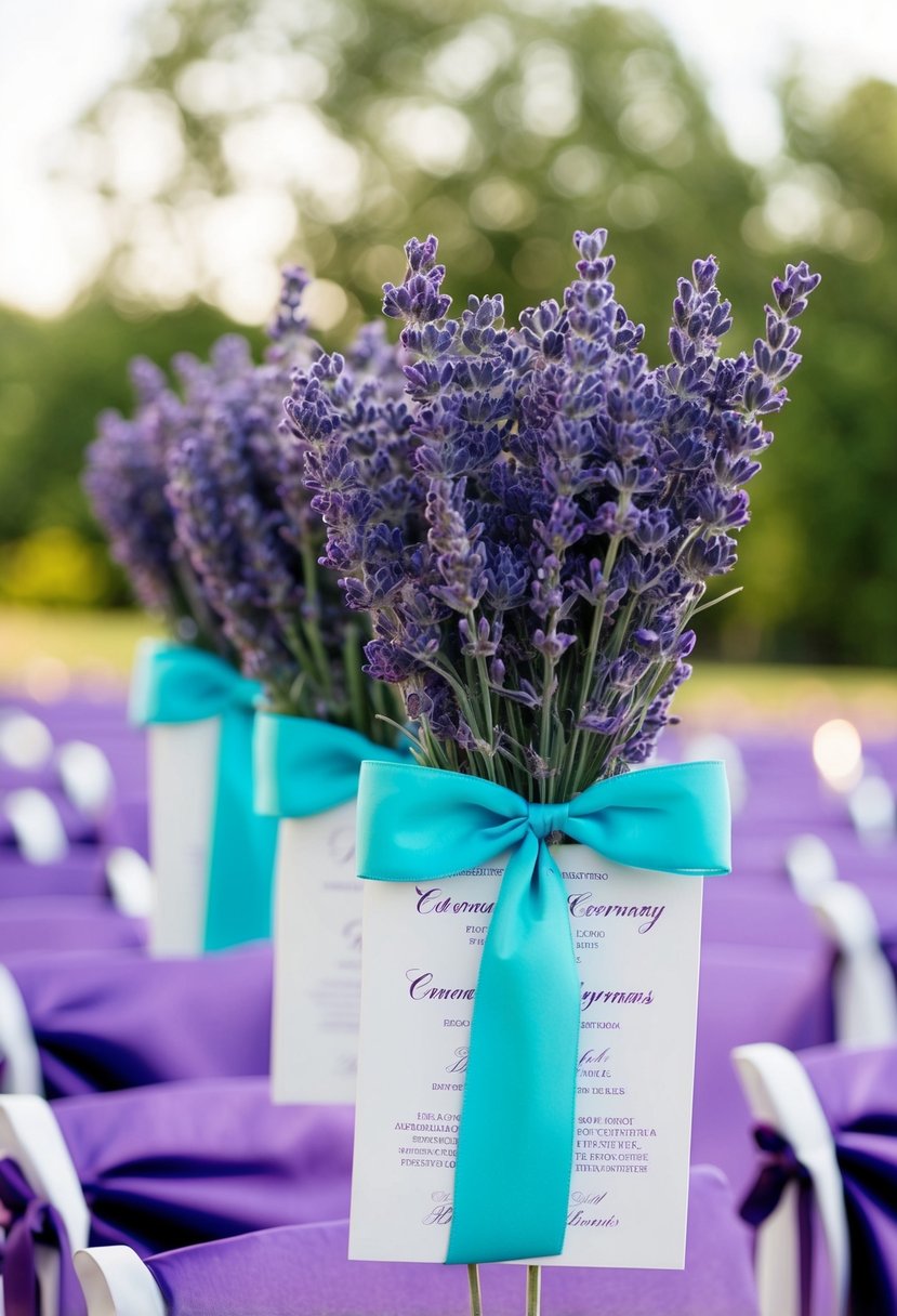 Lavender ceremony programs with turquoise ribbon