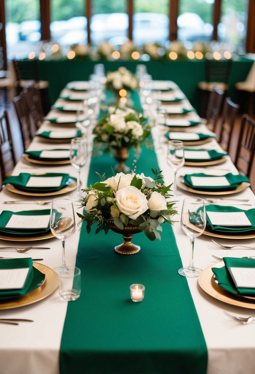 A table adorned with hunter green runners, set for a wedding reception