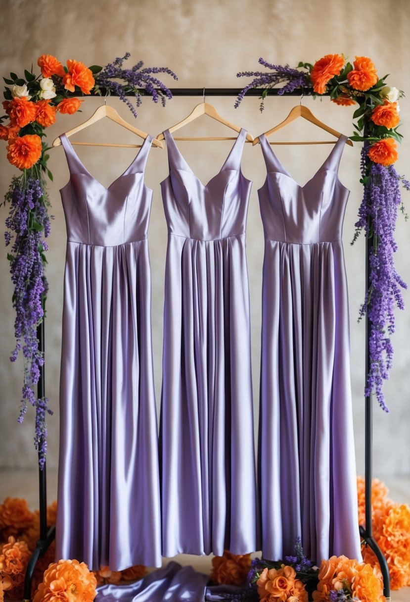 Lavender silk bridesmaid dresses hanging on a rack, surrounded by orange and lavender flowers and decor