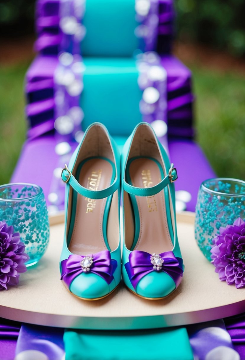 Turquoise shoes with lavender accents arranged alongside lavender and turquoise wedding decor