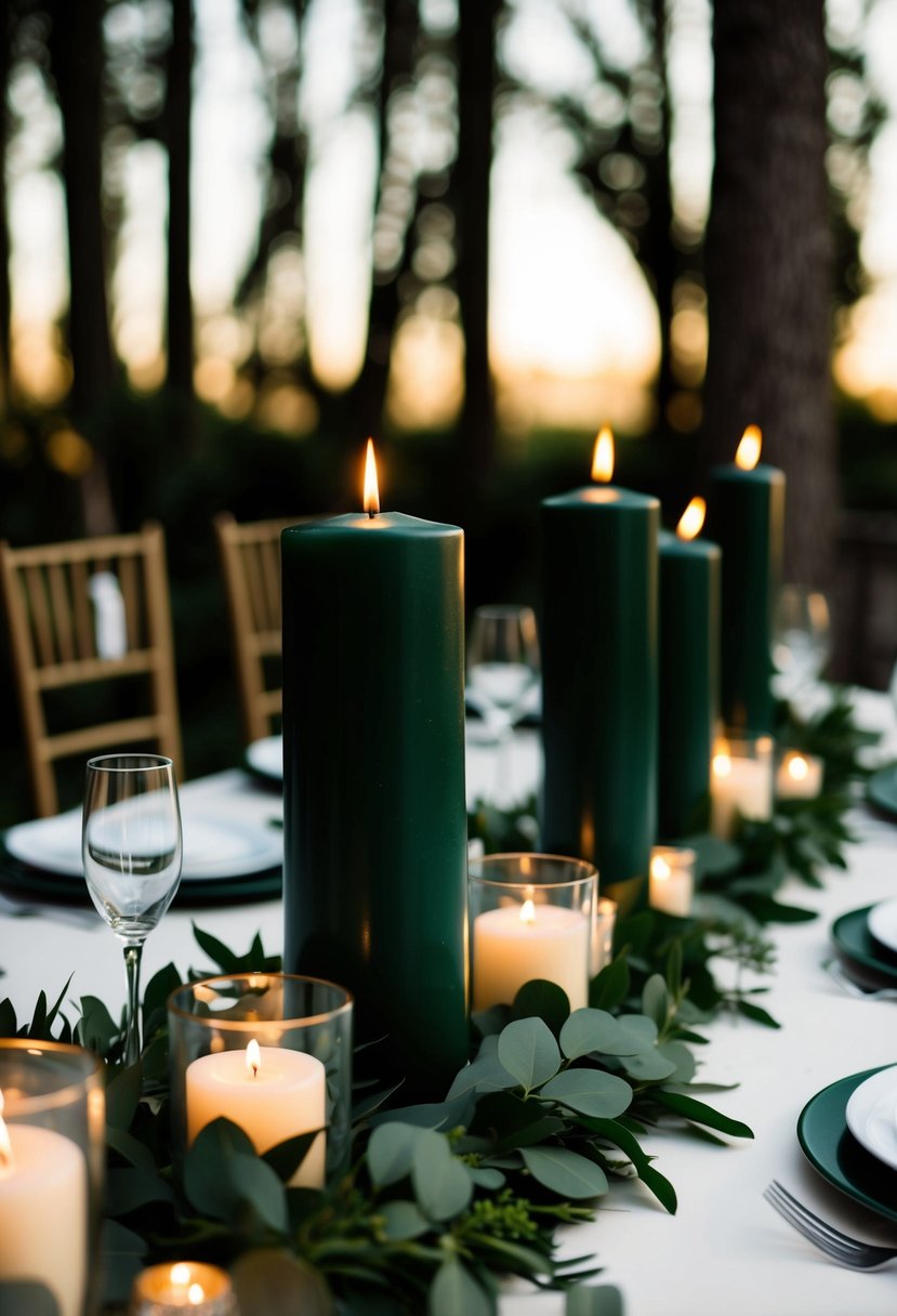 A table adorned with dark green candles, complementing the hunter green wedding decor