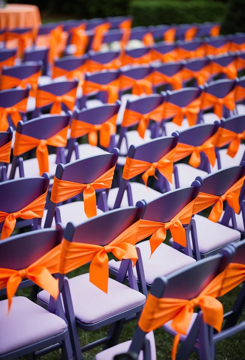 Rows of orange and lavender chairs arranged with orange ribbons for a wedding ceremony