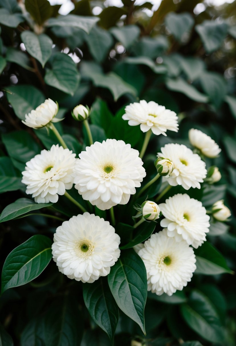 A bouquet of cream flowers against a backdrop of hunter green foliage