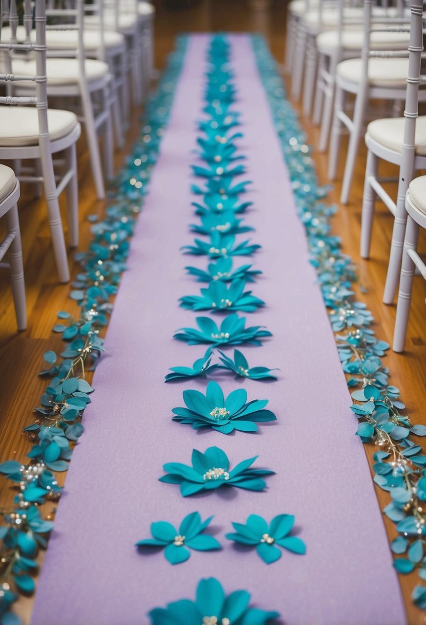 A lavender aisle runner adorned with turquoise petals