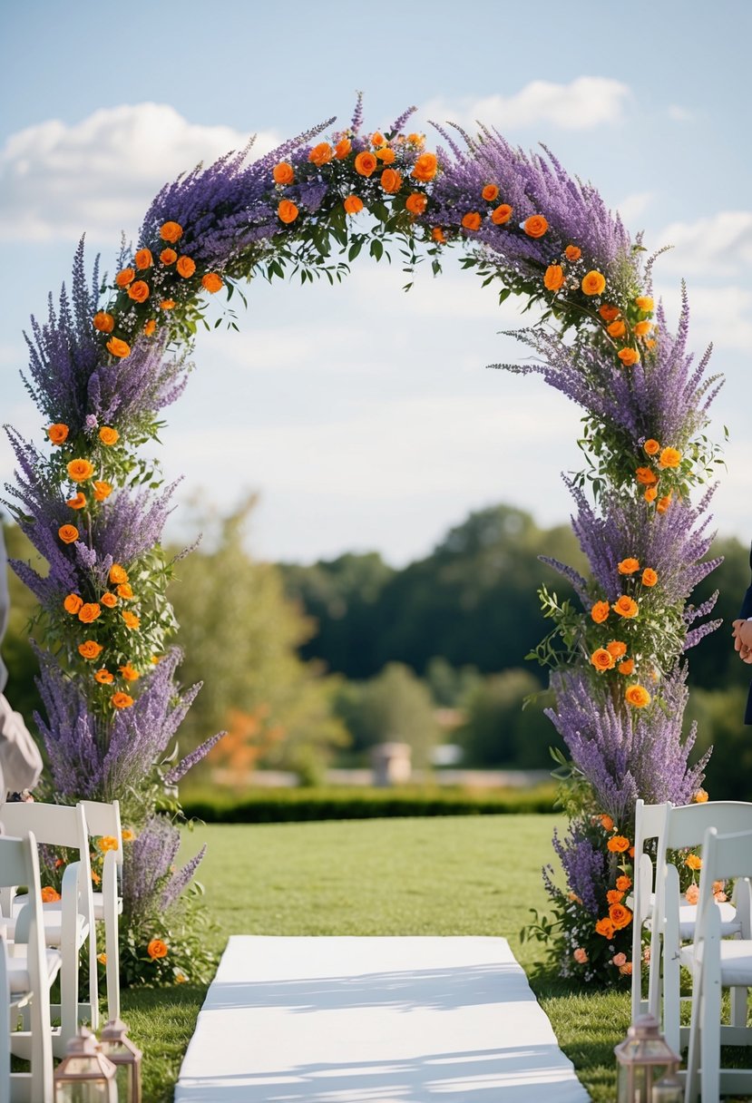 A beautiful arch adorned with lavender and orange flowers for a wedding ceremony