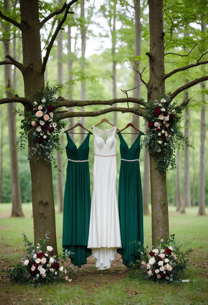 A lush forest clearing with hunter green bridesmaid dresses hanging from tree branches, surrounded by matching floral arrangements and decor