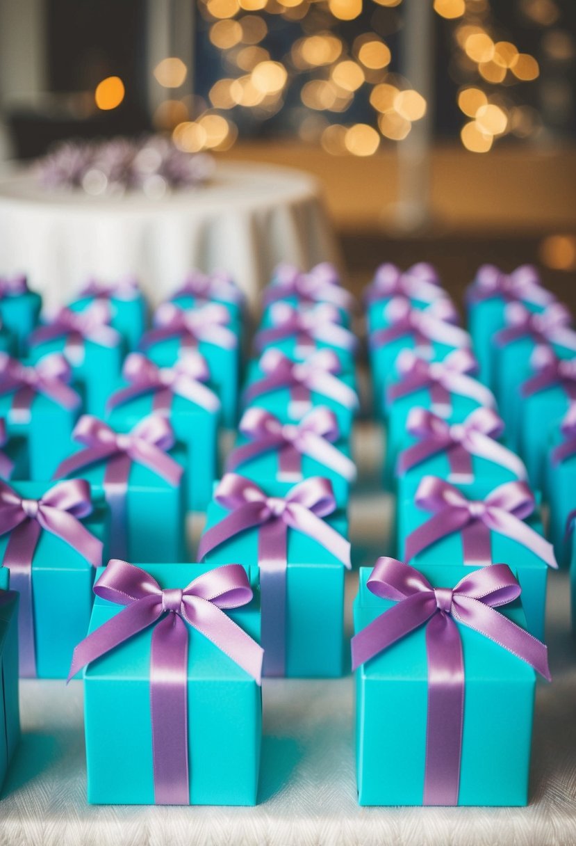 Turquoise favor boxes tied with lavender ribbons arranged on a table