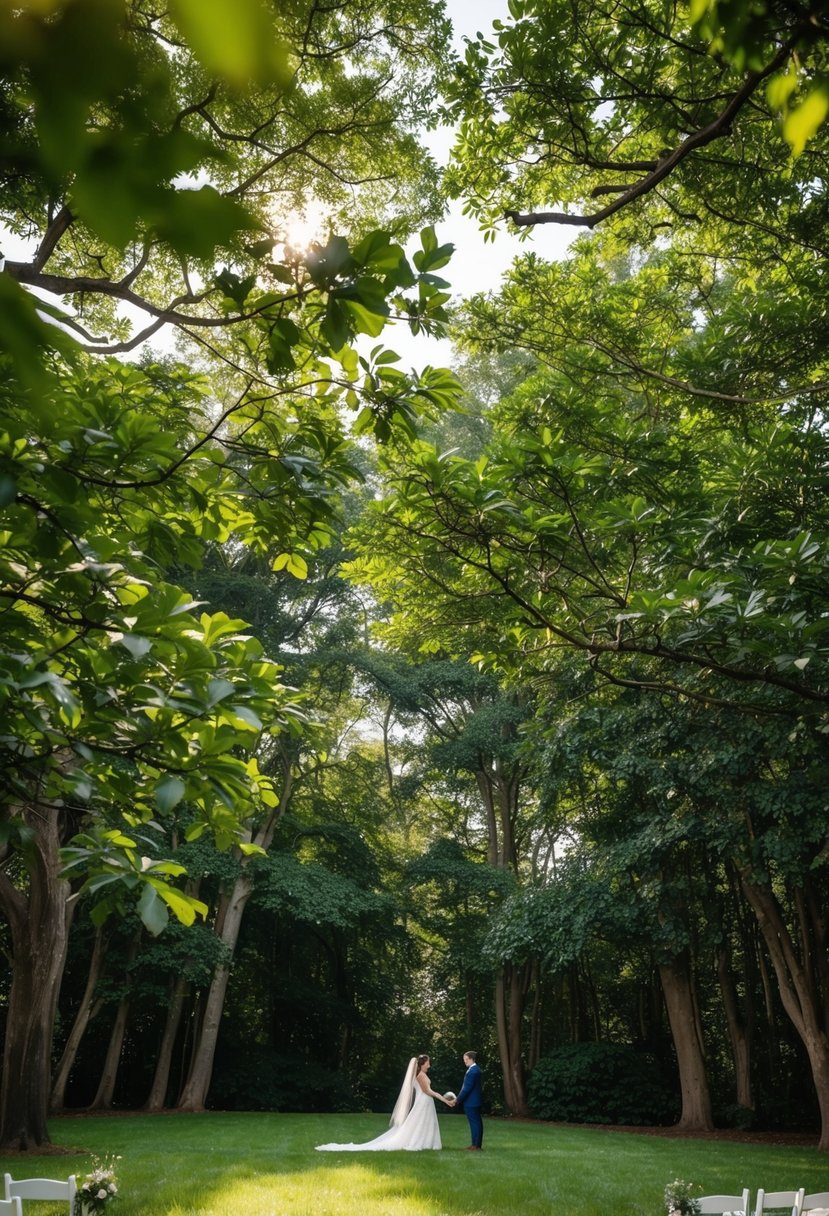 A lush forest with a canopy of hunter green leaves, dappled sunlight filtering through, and a serene clearing for a wedding ceremony