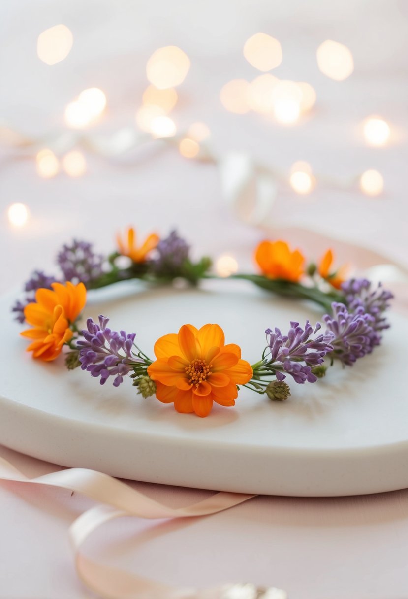 A delicate flower crown with orange and lavender blooms, set against a soft, dreamy background