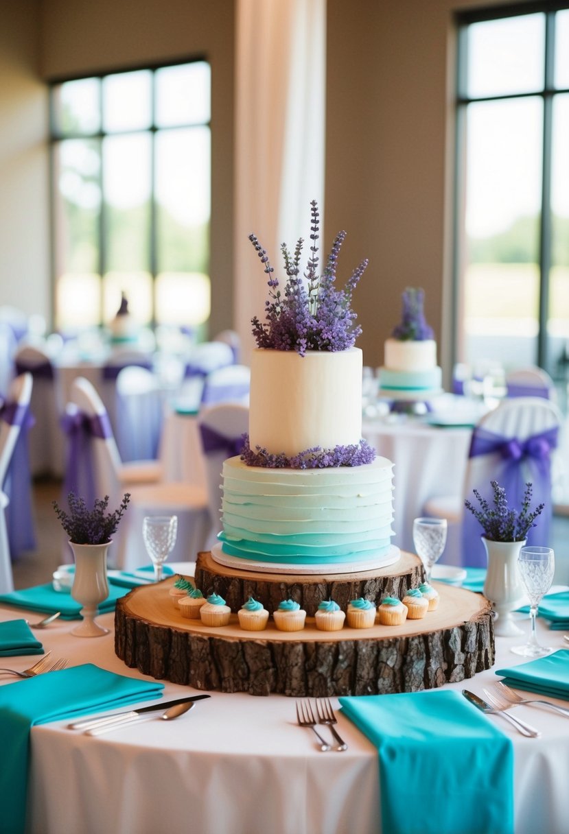 A dessert table adorned with lavender and turquoise accents for a wedding