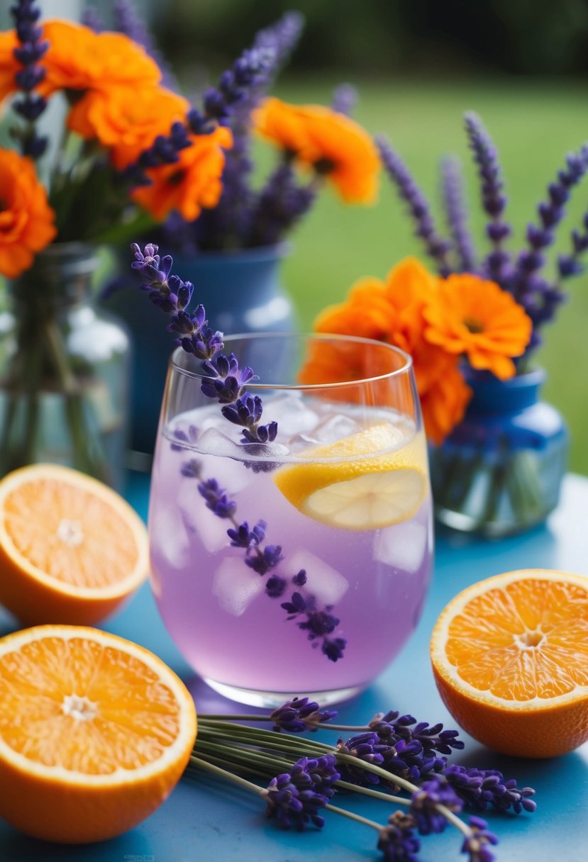 A glass of lavender lemonade surrounded by orange and lavender flowers on a table