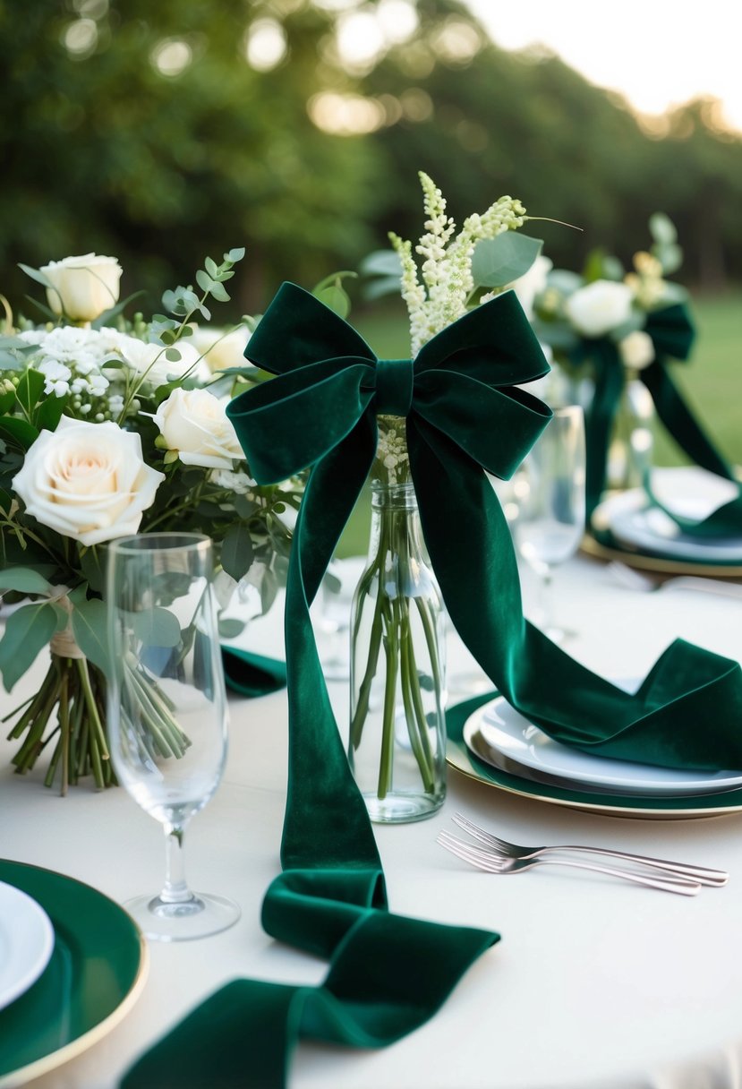 Hunter green velvet ribbons adorn table settings and bouquets, complementing the wedding color scheme