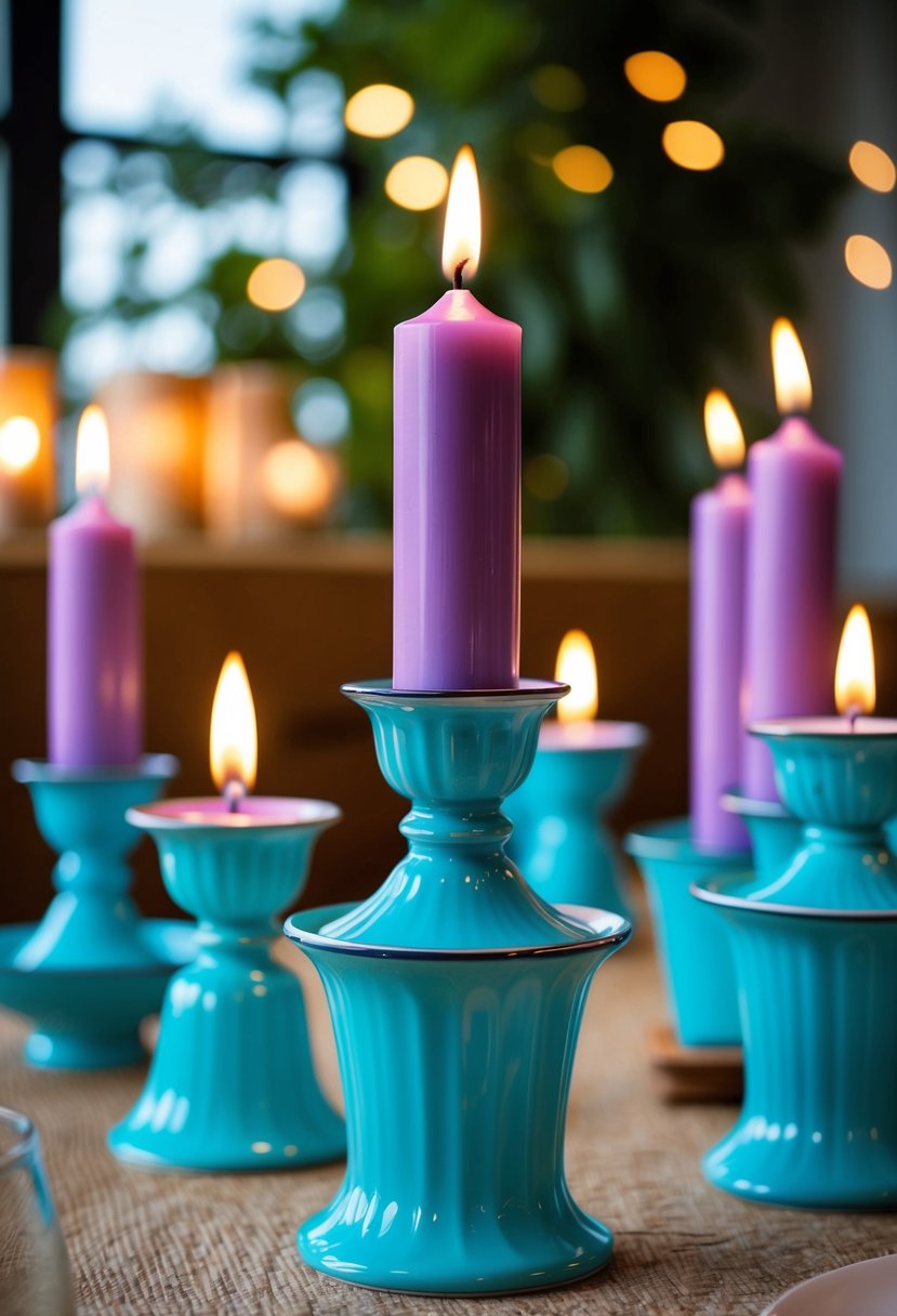 Turquoise candle holders with lavender candles arranged on a table