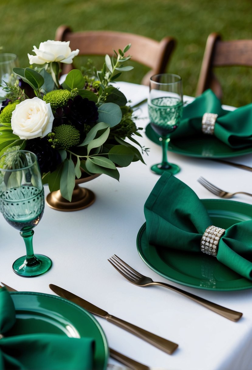 A table set with hunter green napkins, complemented by coordinating wedding decor in the same rich shade