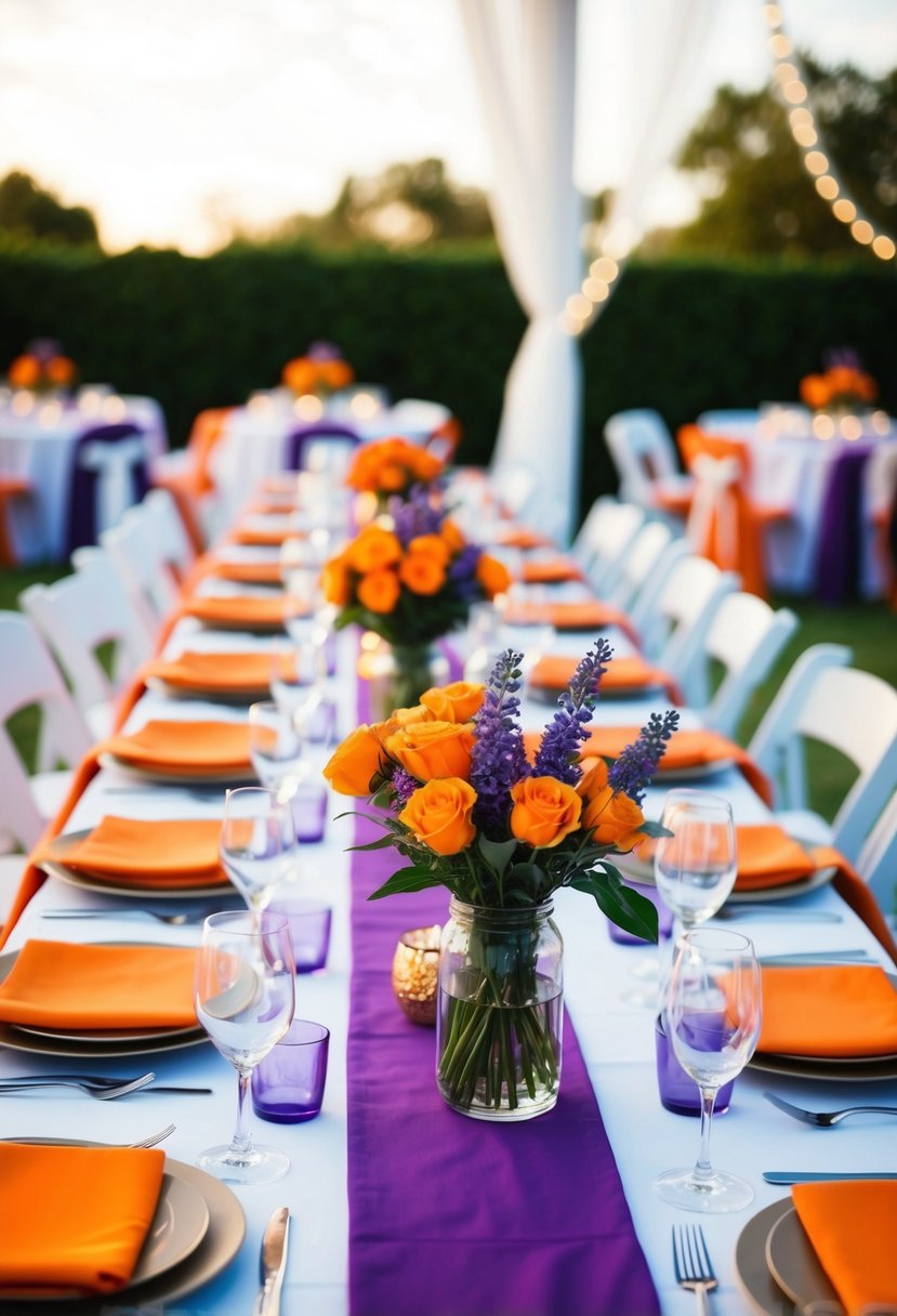 A table set with orange and lavender centerpieces, surrounded by wedding decor in coordinating colors