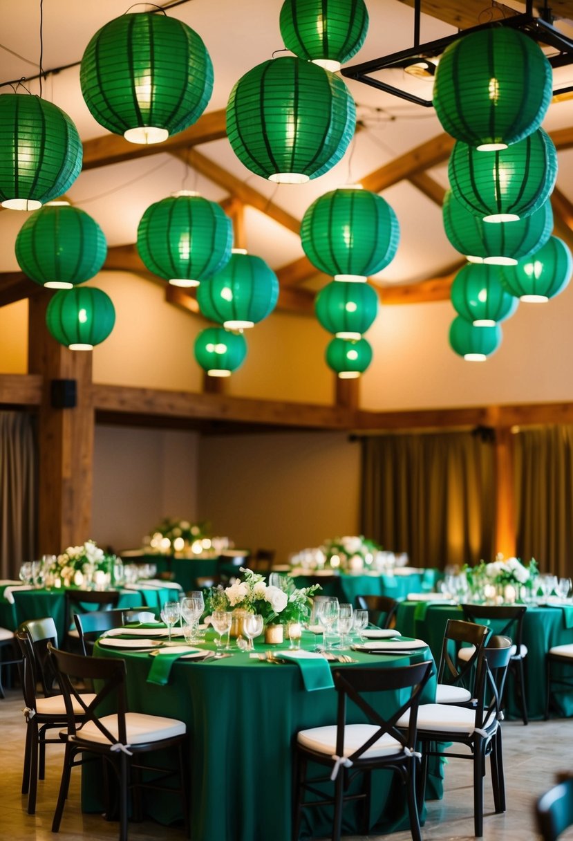 Hunter green lanterns hang from the ceiling, casting a warm glow over the wedding reception. Tables are adorned with matching green accents, creating a cohesive and elegant atmosphere