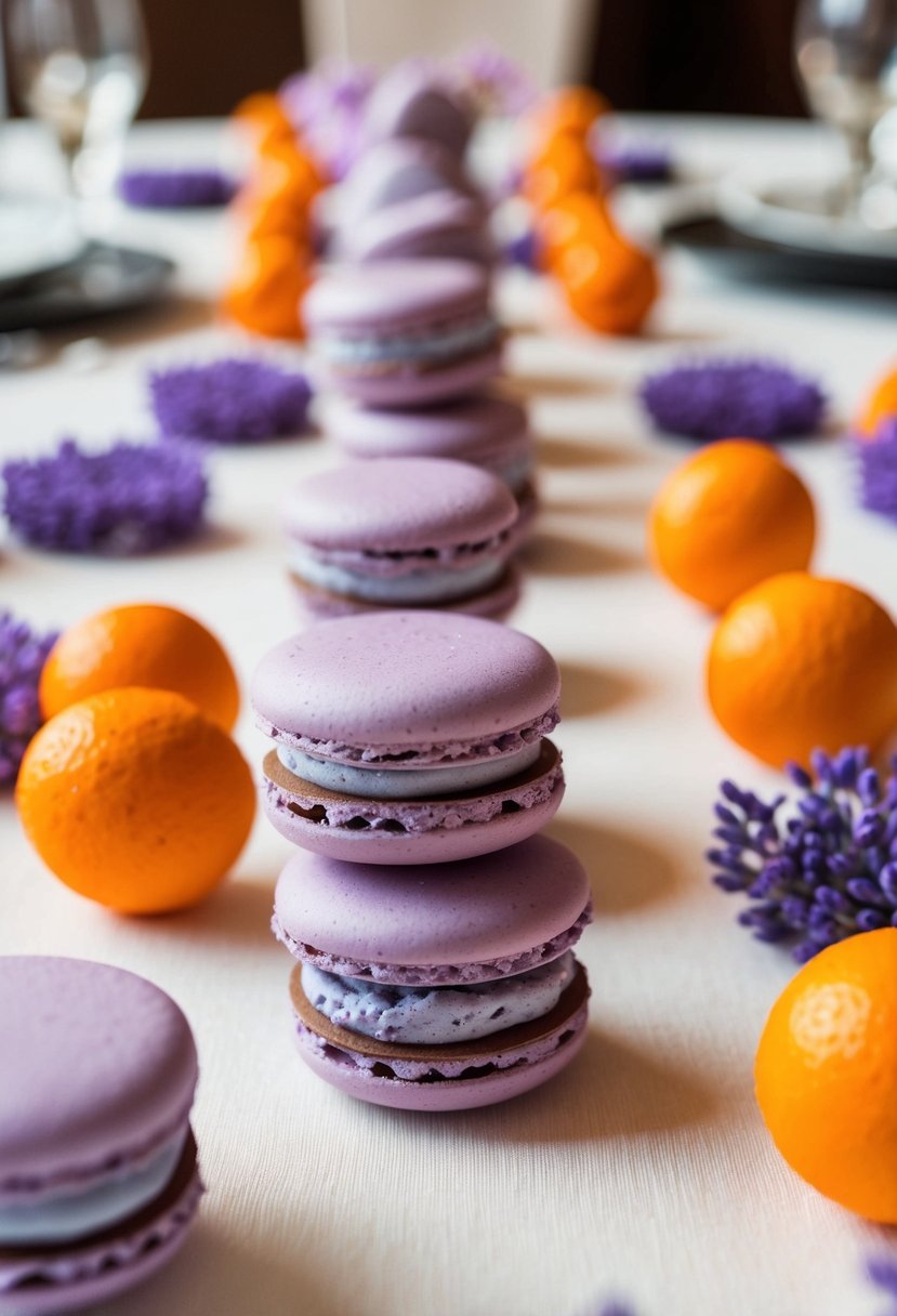 A table adorned with lavender macaron wedding favors, surrounded by orange and lavender decorations