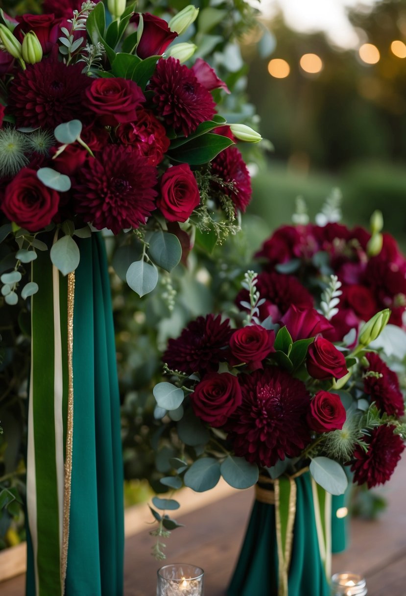 Burgundy flowers arranged in contrast with hunter green decor for a wedding scene