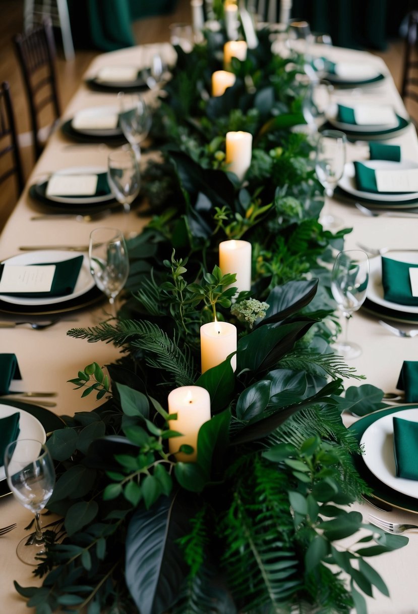 A lush arrangement of dark green foliage adorns the center of the table, adding a touch of elegance to the hunter green-themed wedding