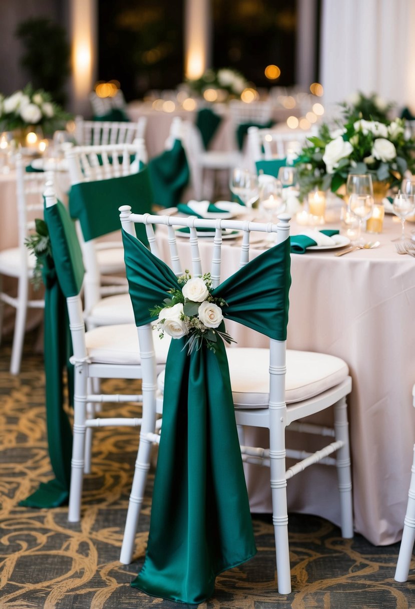 Hunter green chair sashes draped over white chairs at a wedding reception, with matching table linens and floral centerpieces