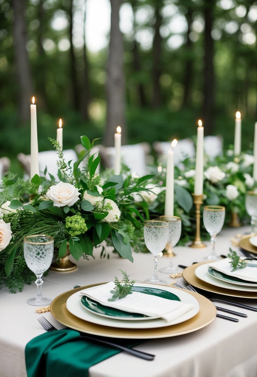 A hunter green and ivory wedding table setting with lush greenery and elegant ivory accents