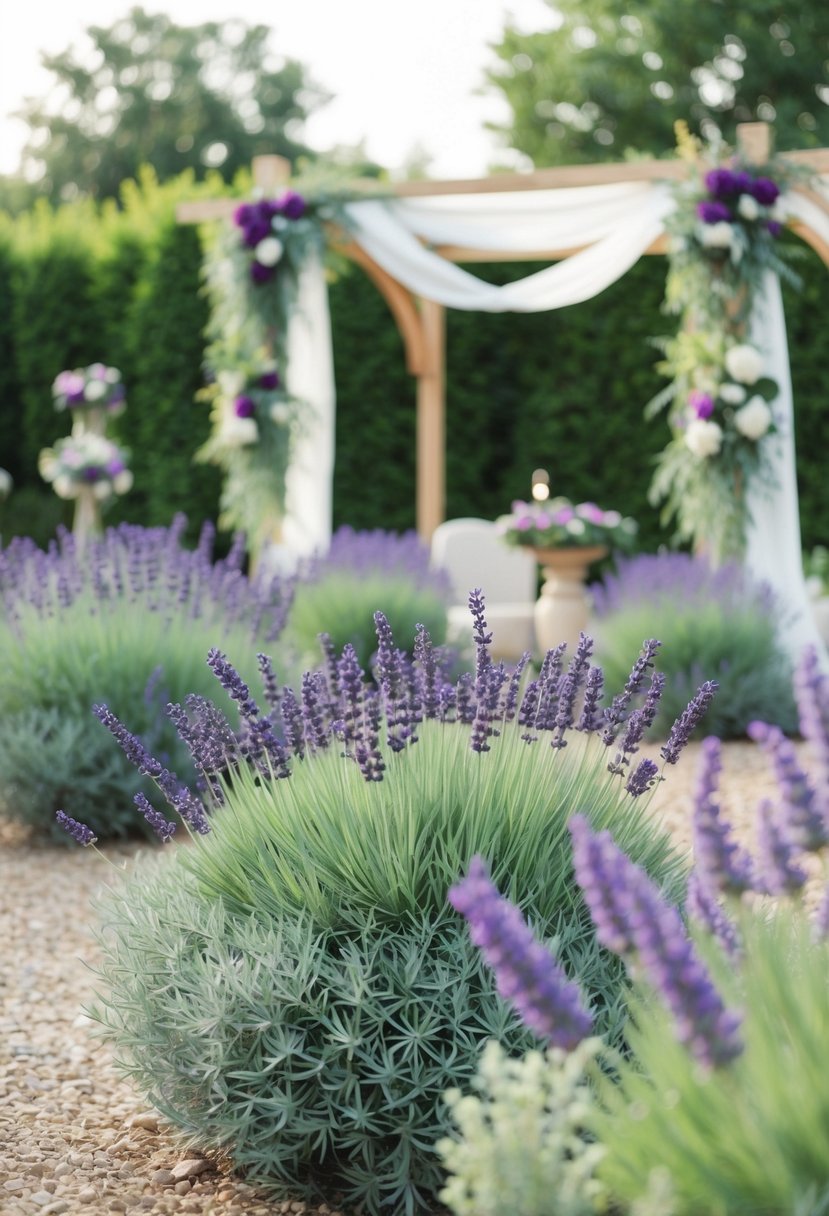 A serene garden with lavender and sage plants, adorned with purple and green floral arrangements and decor for a wedding celebration