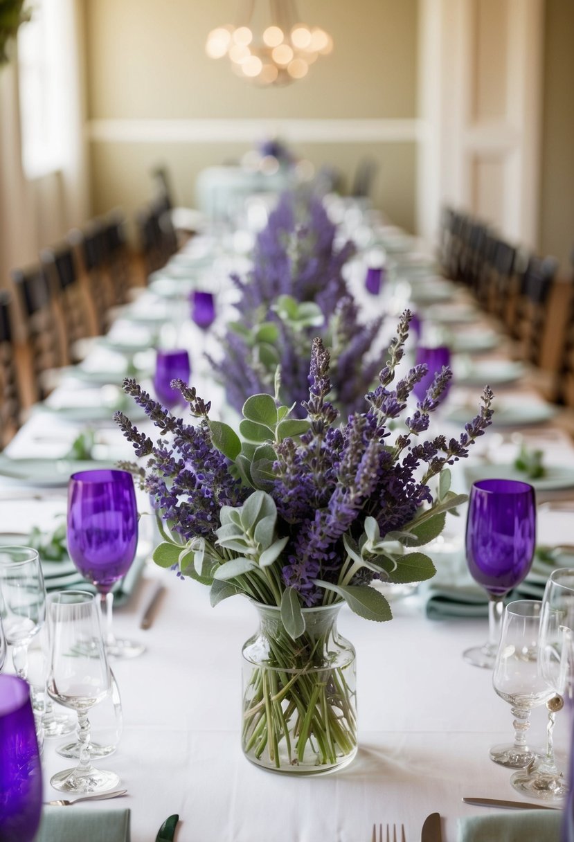 A table adorned with lavender and sage centerpieces, evoking a serene and elegant atmosphere for a purple and sage green wedding theme