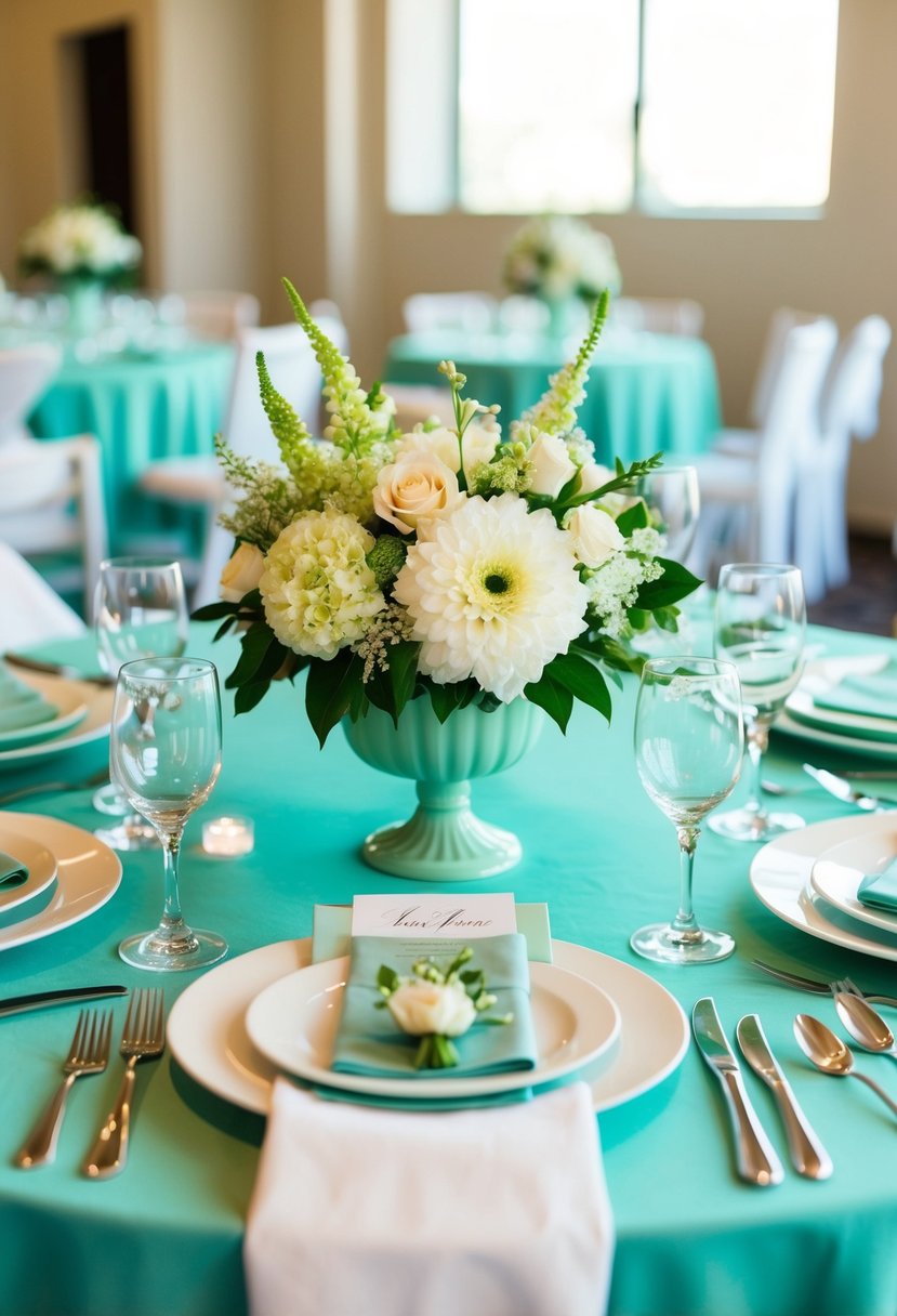 A seafoam green wedding table setting with elegant floral centerpieces and matching place settings