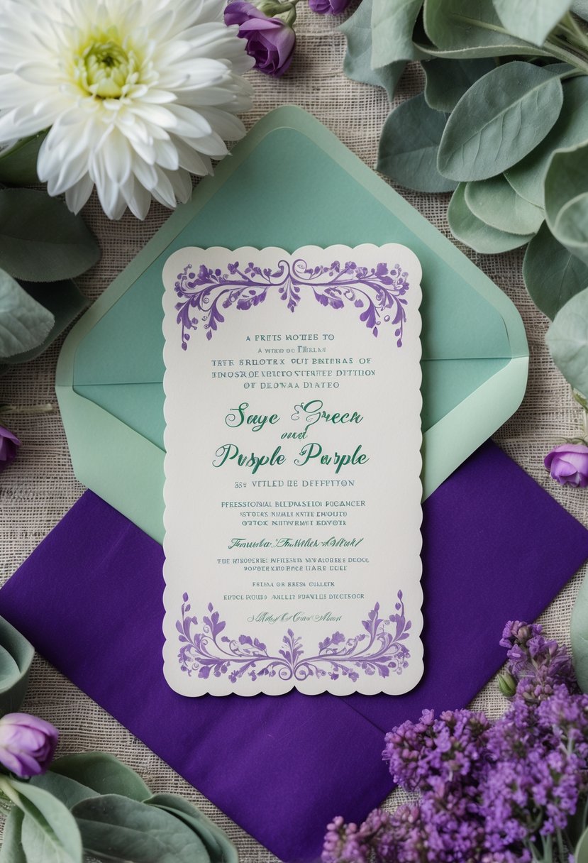 A vintage chic sage and purple invitation surrounded by sage green and purple wedding decor