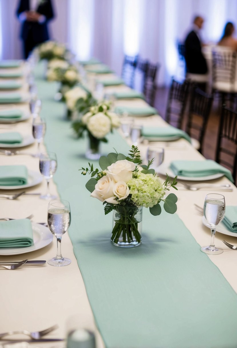 Seafoam green table runners adorn a long banquet table, adding an elegant and serene touch to the wedding reception decor