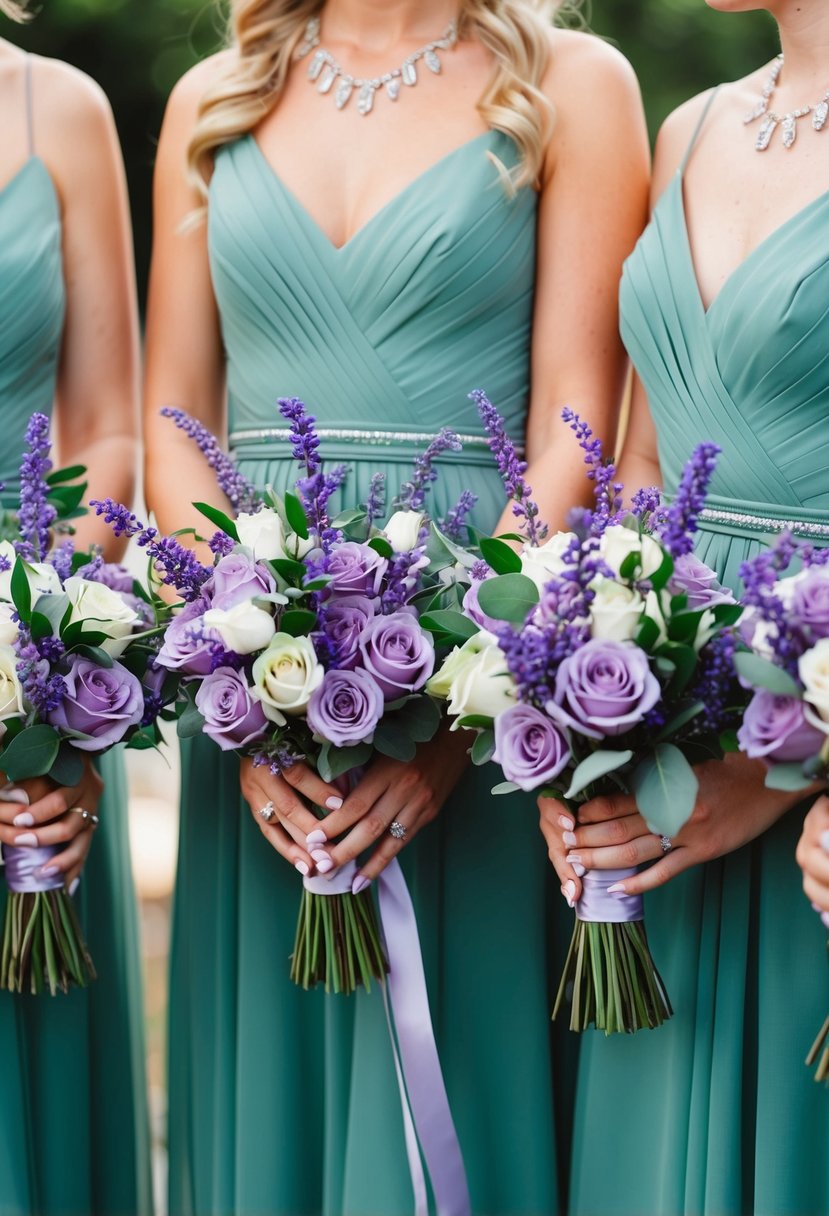 Sage green dresses, lavender bouquets, and purple accents in a wedding setting