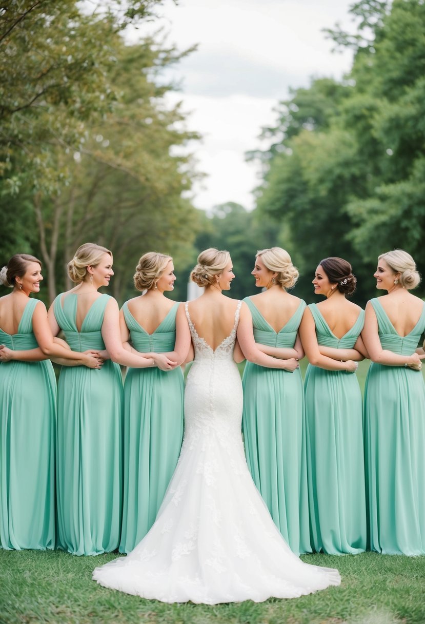 Seafoam green bridesmaid dresses arranged in a row, creating a cohesive and elegant look for a wedding party