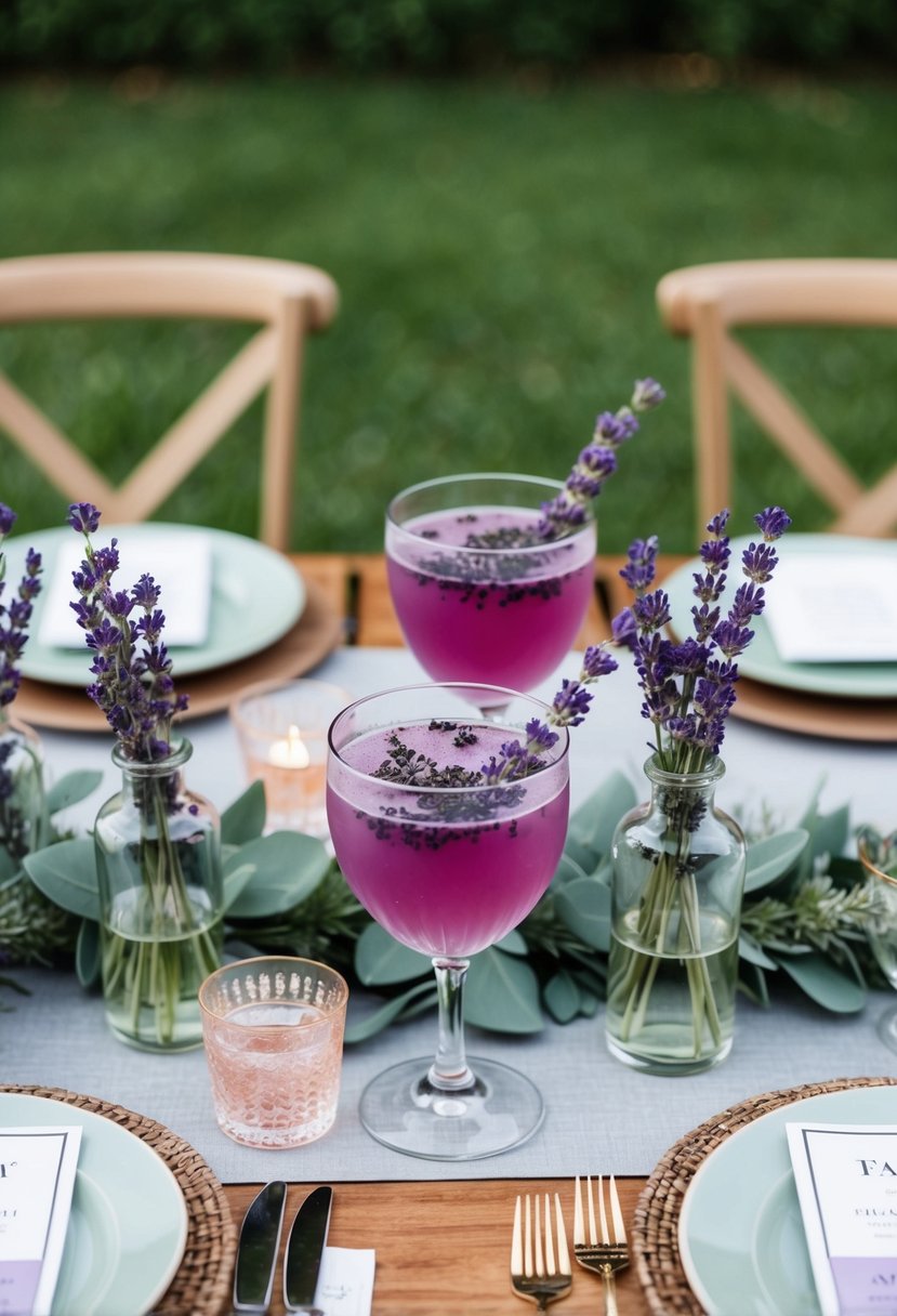 A table set with lavender-infused cocktails, surrounded by sage green floral arrangements