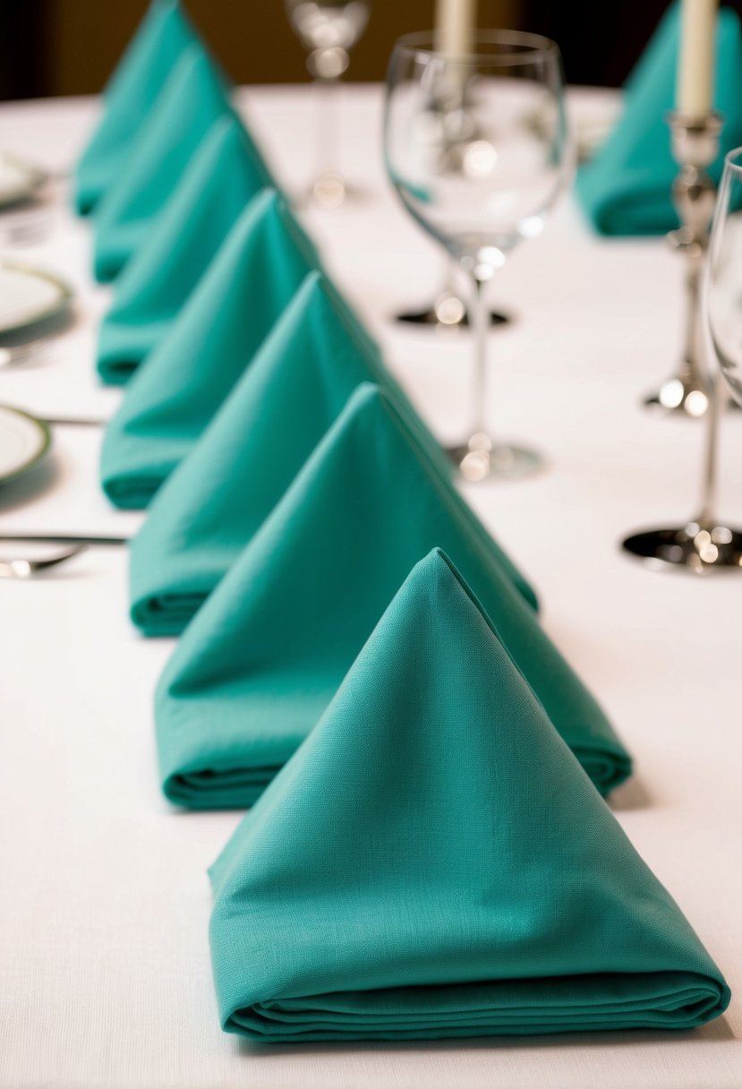 Seafoam green napkins folded neatly on white tablecloth at a formal dinner setting