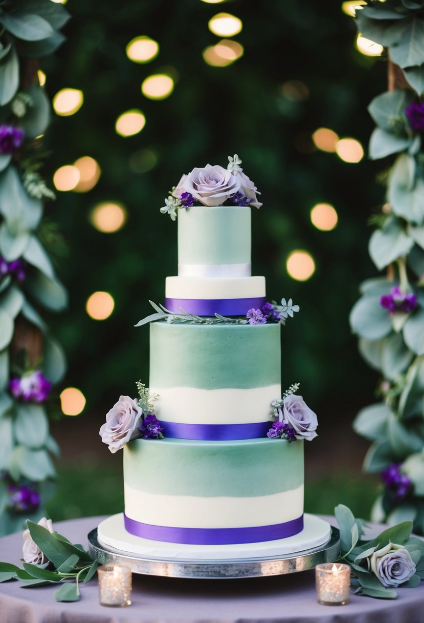 A three-tiered wedding cake with sage and purple icing, surrounded by sage green and purple floral decor