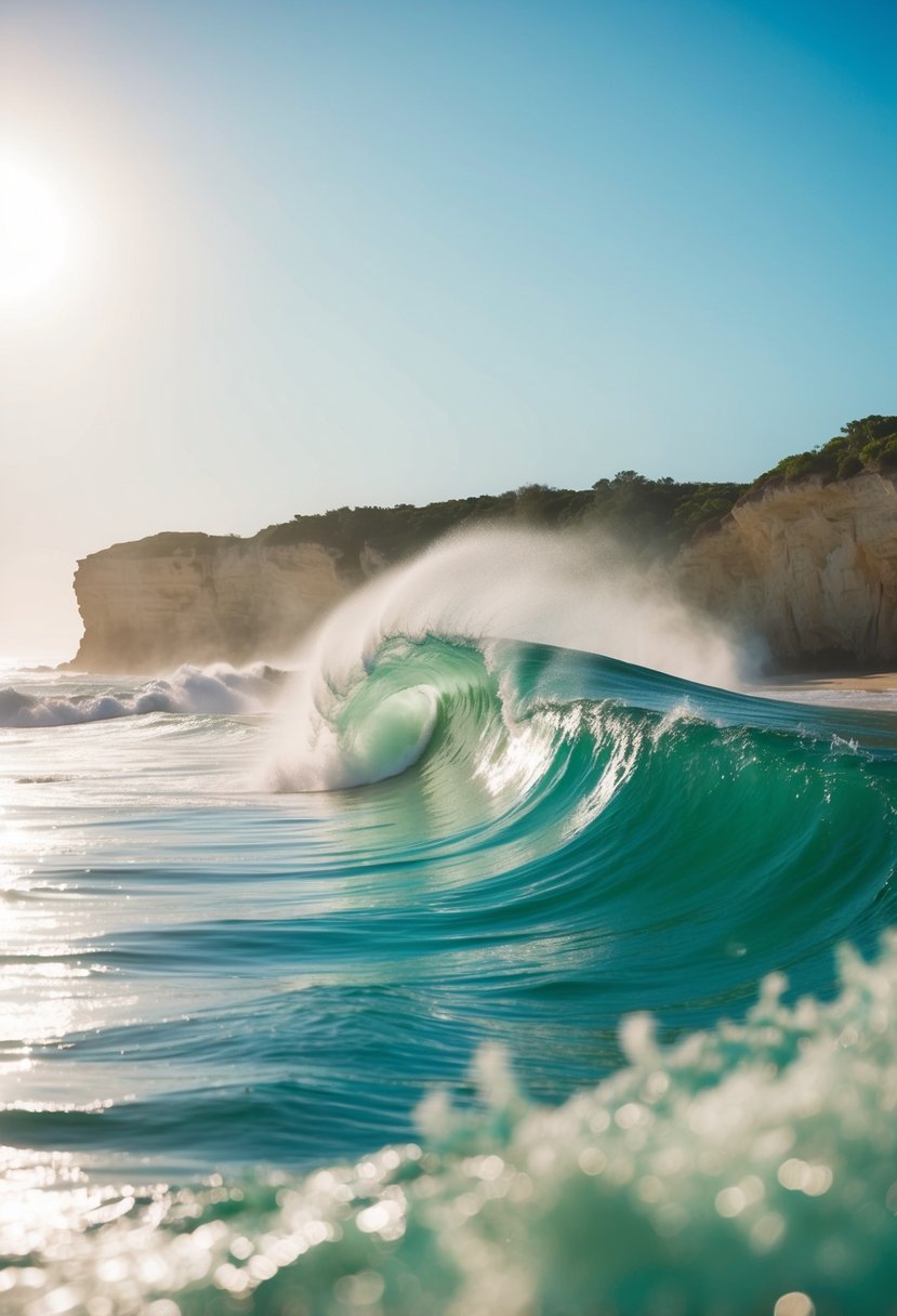 Seafoam green waves crashing against coral cliffs under a bright sun