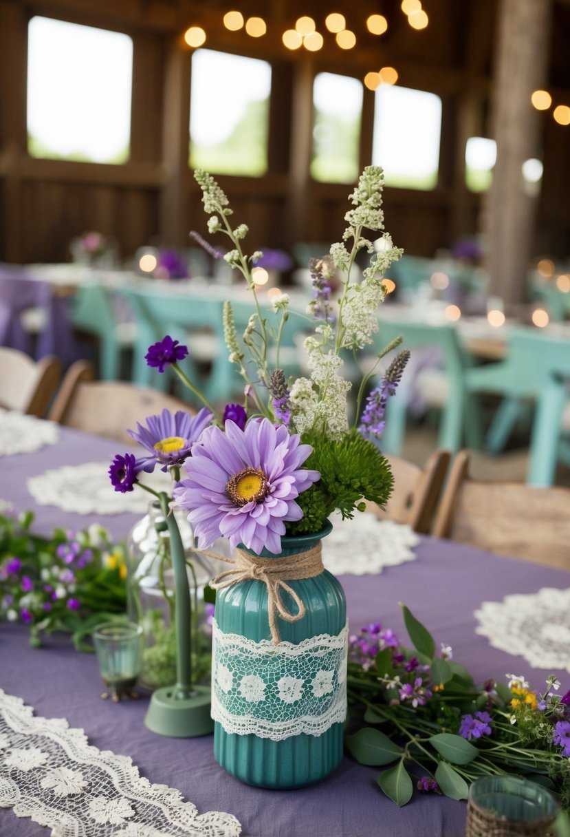 A barn setting with lace and burlap decor in shades of purple and sage green, with wildflowers and vintage lanterns